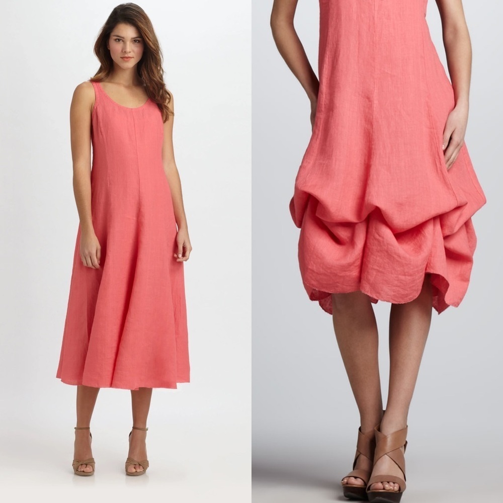 Eileen Fisher Handkerchief Long Cinchable Linen Dress Sleeveless coral pink 4